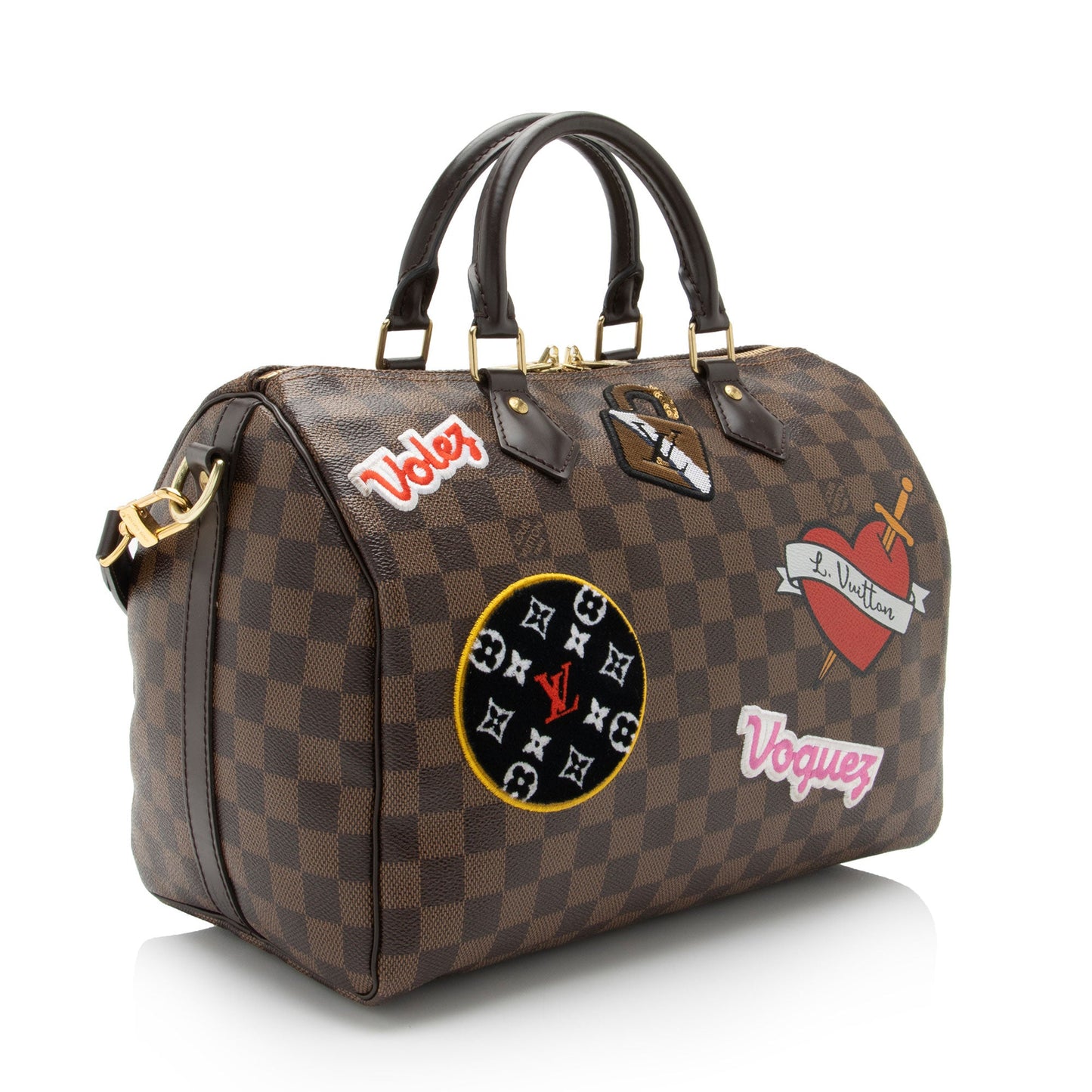 Louis Vuitton Limited Edition Damier Ebene Patches Speedy Bandouliere 30 Satchel (SHF-d85oKm)