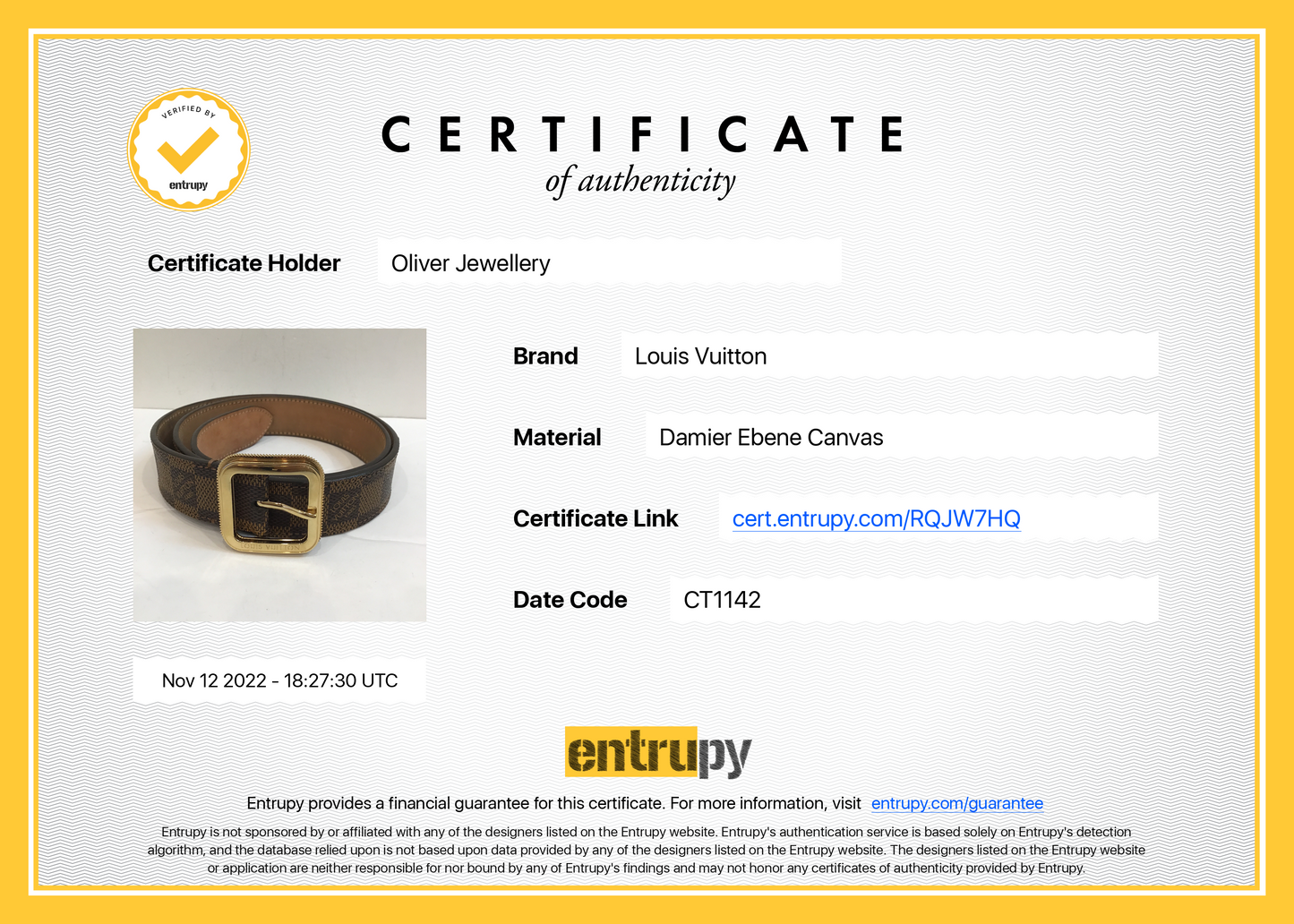 Louis Vuitton Damier Ebene Tresor 30 MM Belt