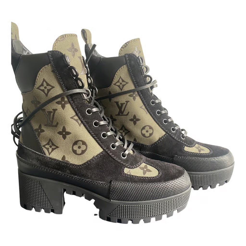 LOUIS VUITTON SUEDE MONOGRAM LAURETTE PLATFORM DESERT BOOTS