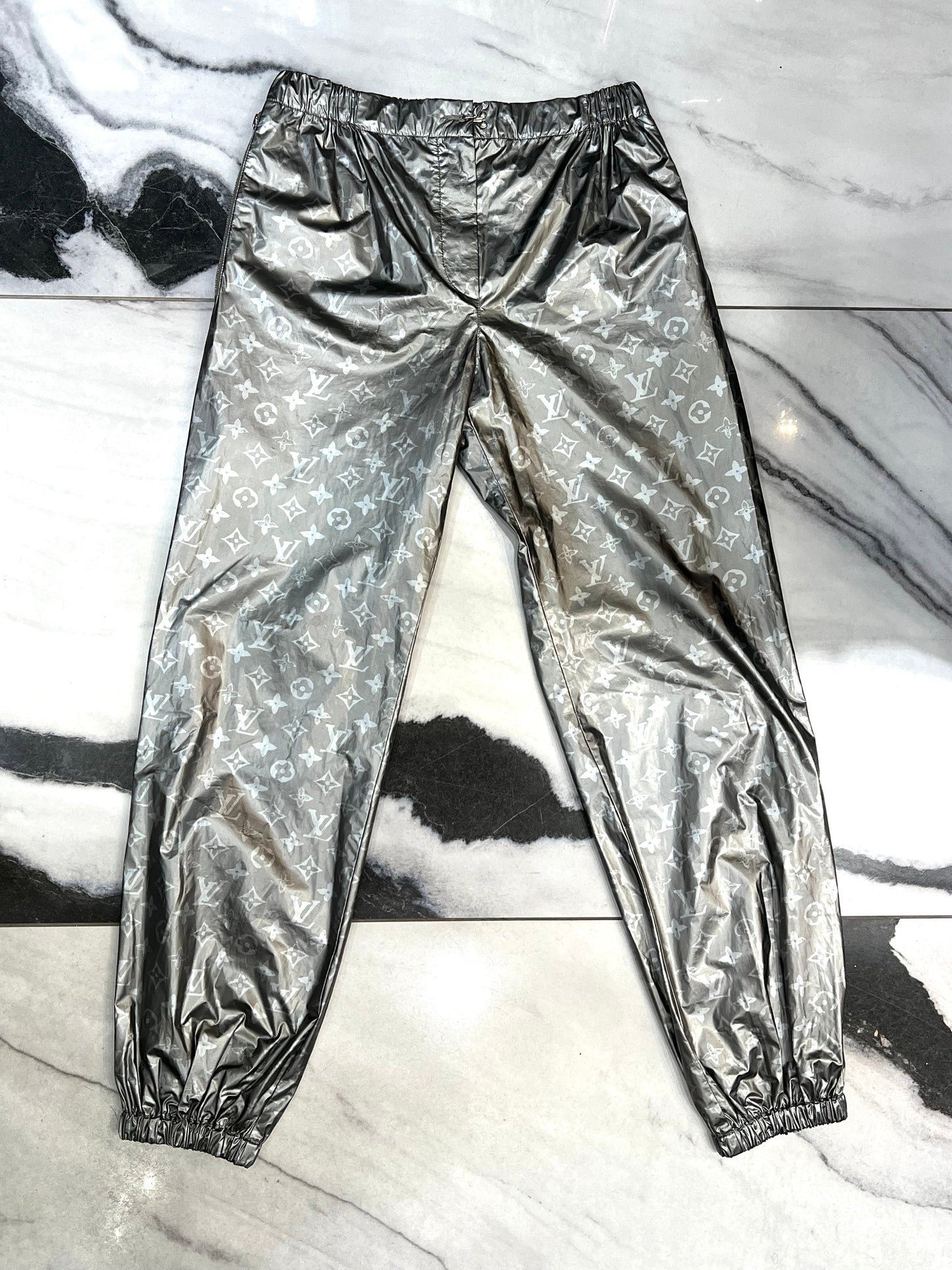 LOUIS VUITTON METALLIC SILVER MONOGRAM TRACK PANTS