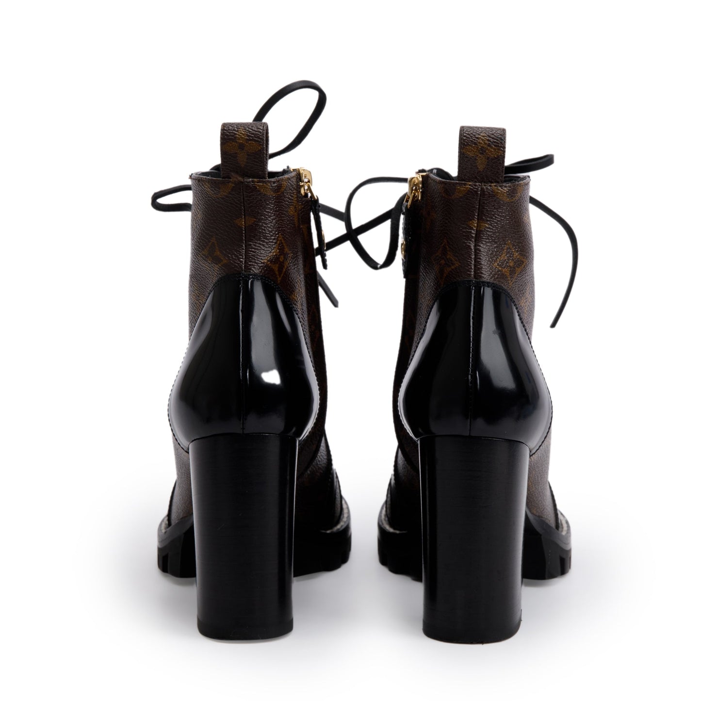 Louis Vuitton Monogram Black Patent Leather Star Trail Combat Boots, Size 8