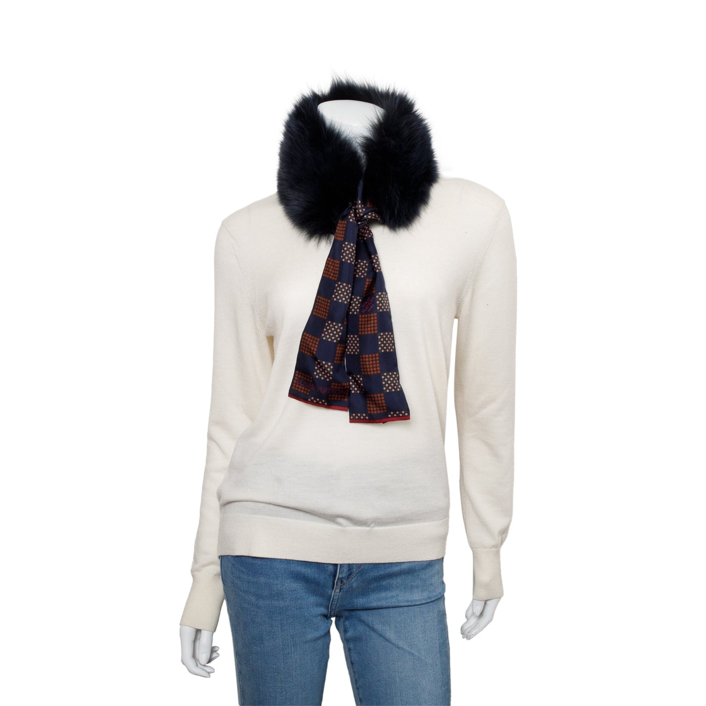 Louis Vuitton Navy Fox Fur Damier Silk Stole Scarf