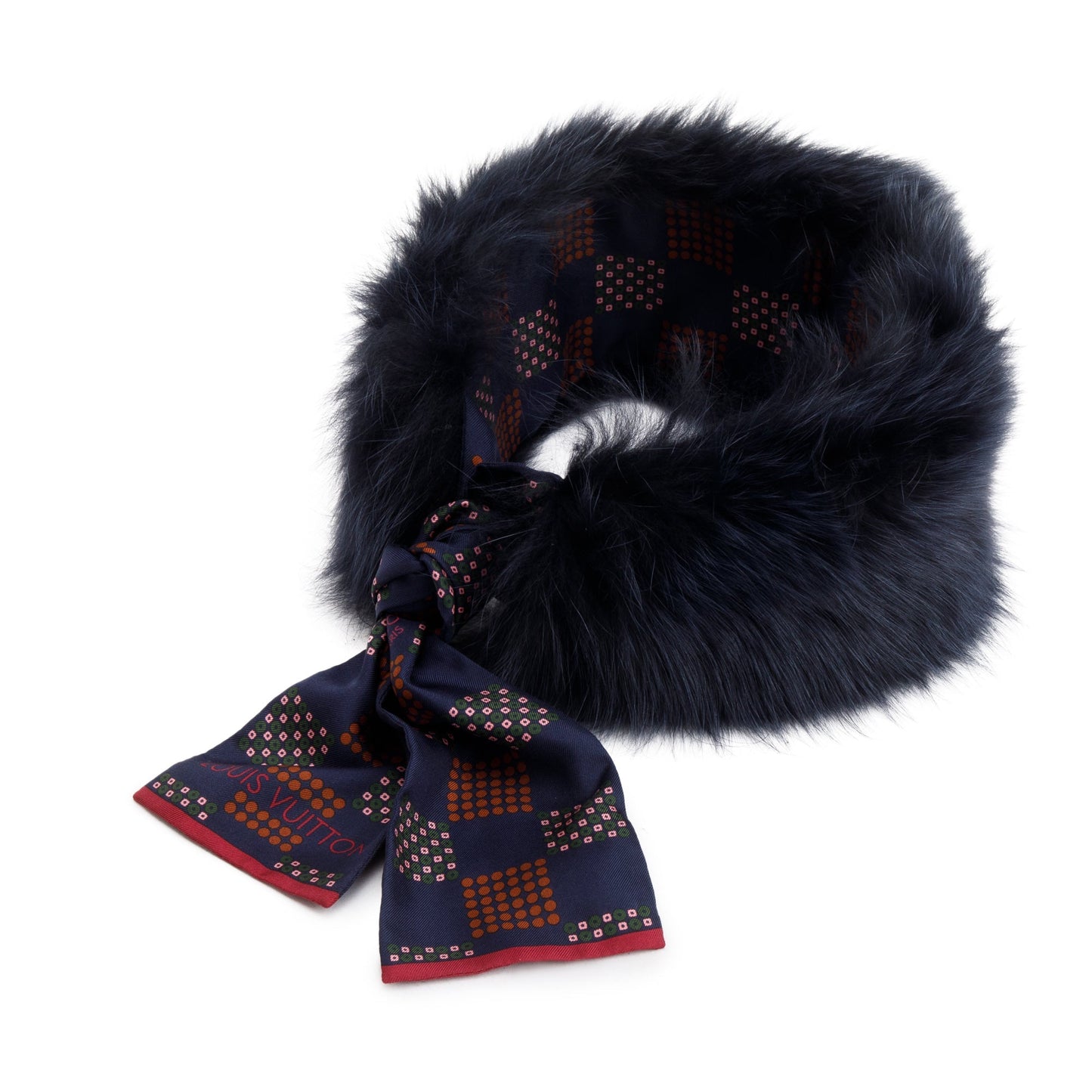 Louis Vuitton Navy Fox Fur Damier Silk Stole Scarf