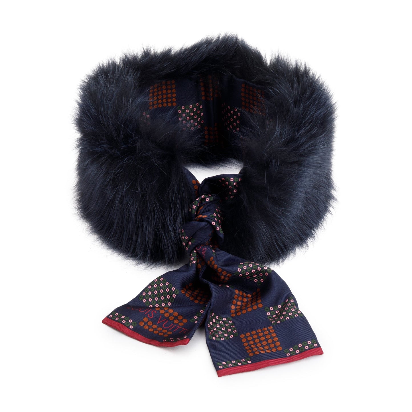 Louis Vuitton Navy Fox Fur Damier Silk Stole Scarf