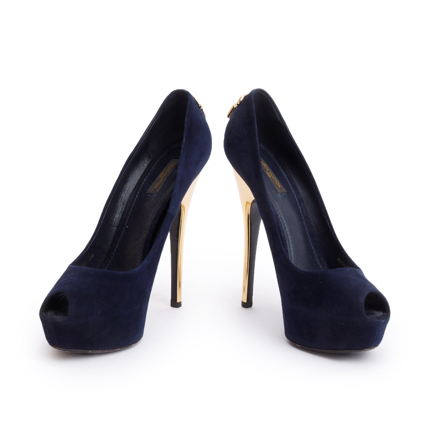 Louis Vuitton Navy Suede Gold Heel Oh Really Peep Toe Pumps, Size 41