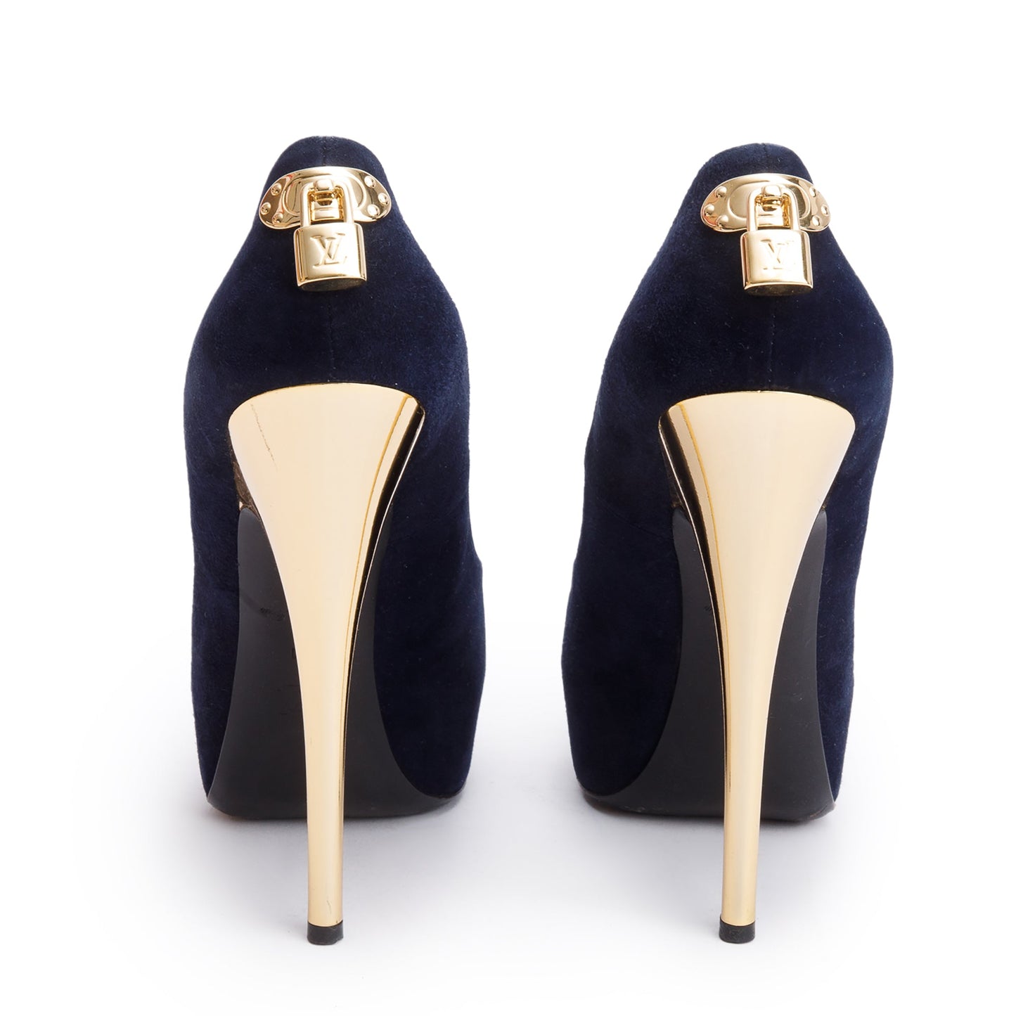 Louis Vuitton Navy Suede Gold Heel Oh Really Peep Toe Pumps, Size 41