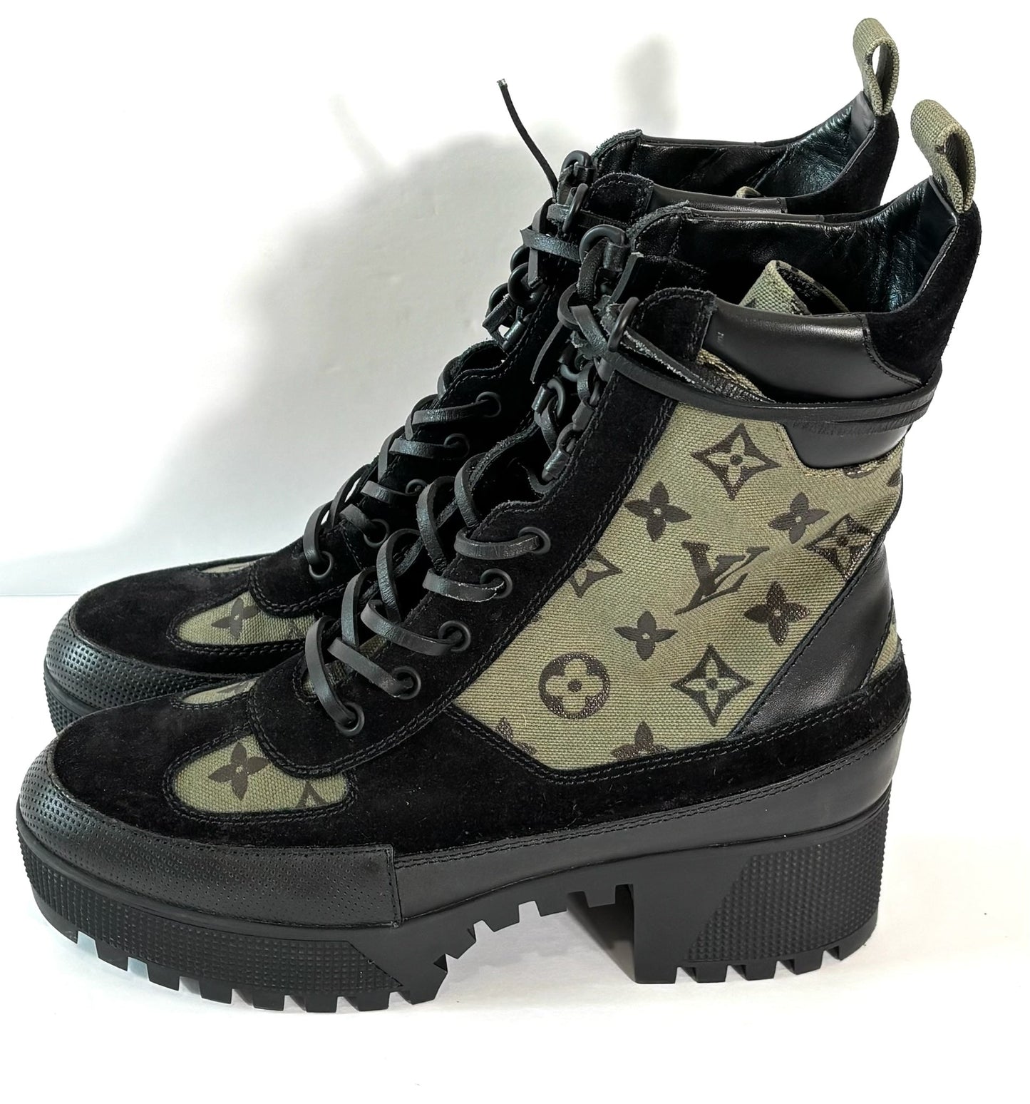 LOUIS VUITTON SUEDE MONOGRAM LAURETTE PLATFORM DESERT BOOTS