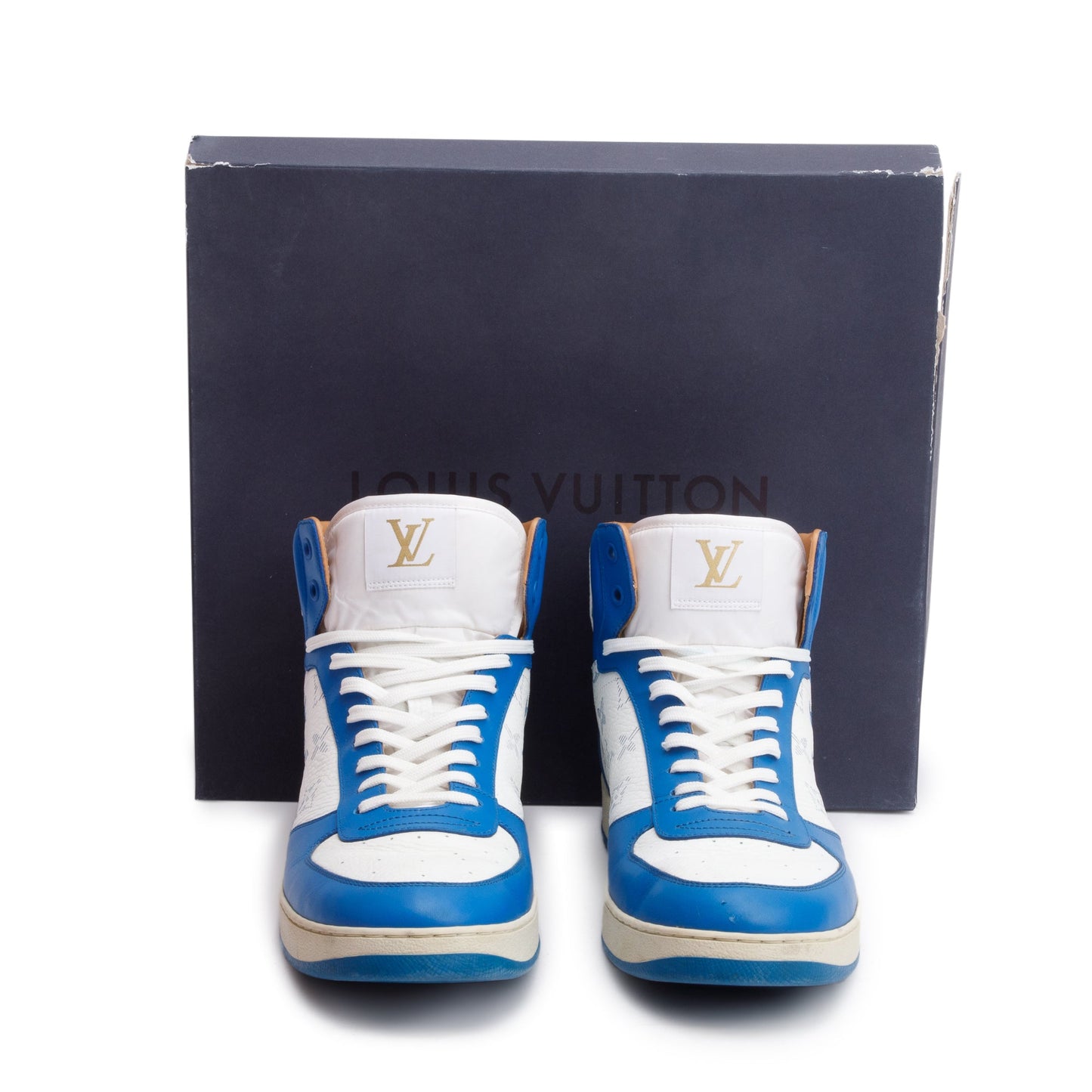 Louis Vuitton White/Blue Monogram Leather Rivoli High-Top Sneakers, Size 8.5