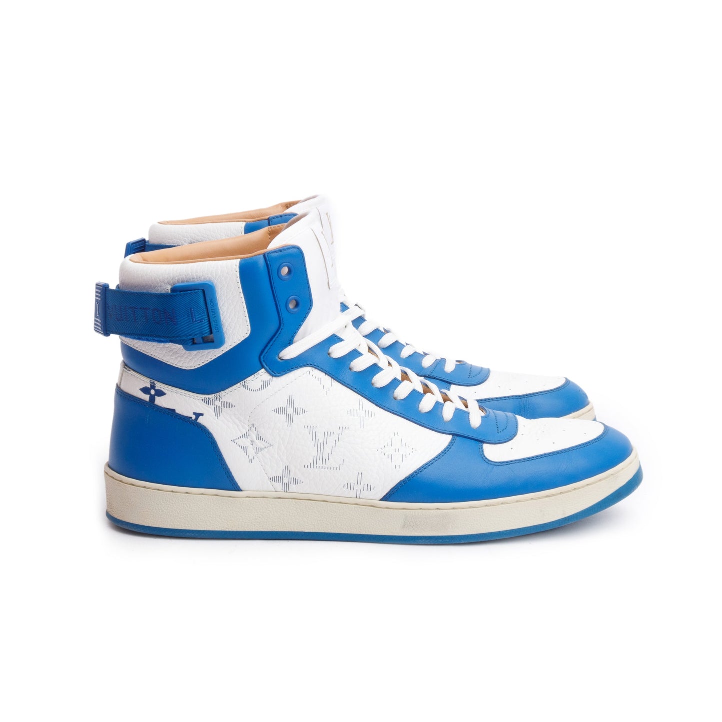Louis Vuitton White/Blue Monogram Leather Rivoli High-Top Sneakers, Size 8.5