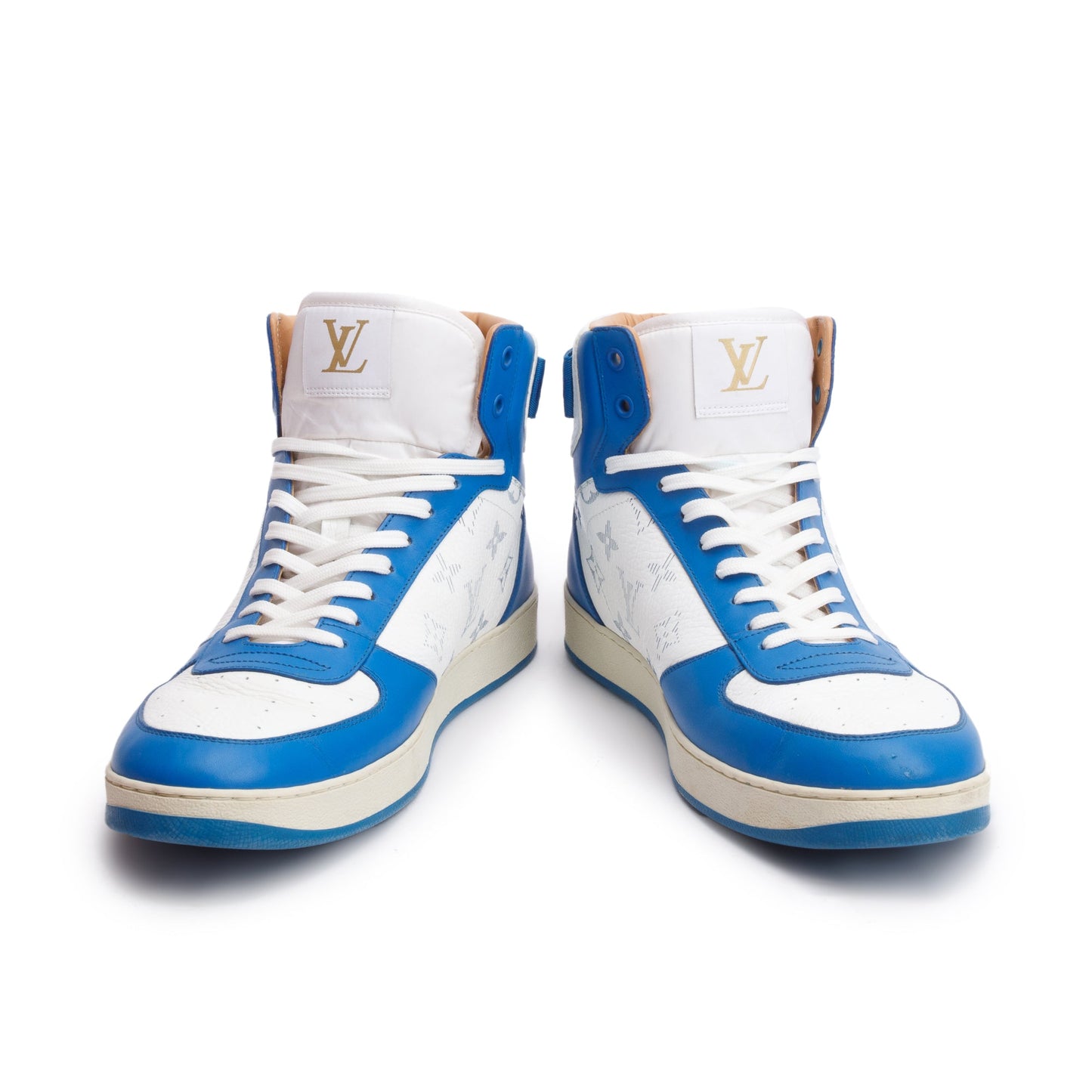 Louis Vuitton White/Blue Monogram Leather Rivoli High-Top Sneakers, Size 8.5