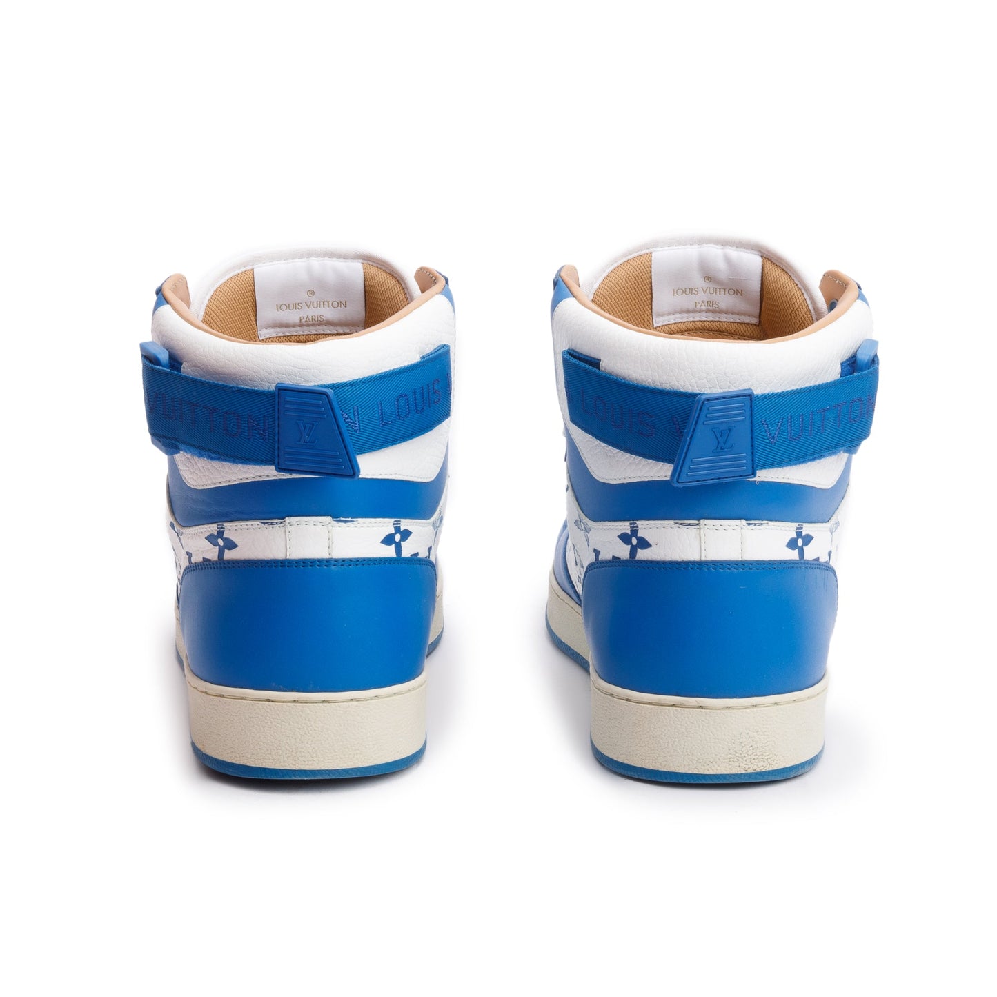 Louis Vuitton White/Blue Monogram Leather Rivoli High-Top Sneakers, Size 8.5