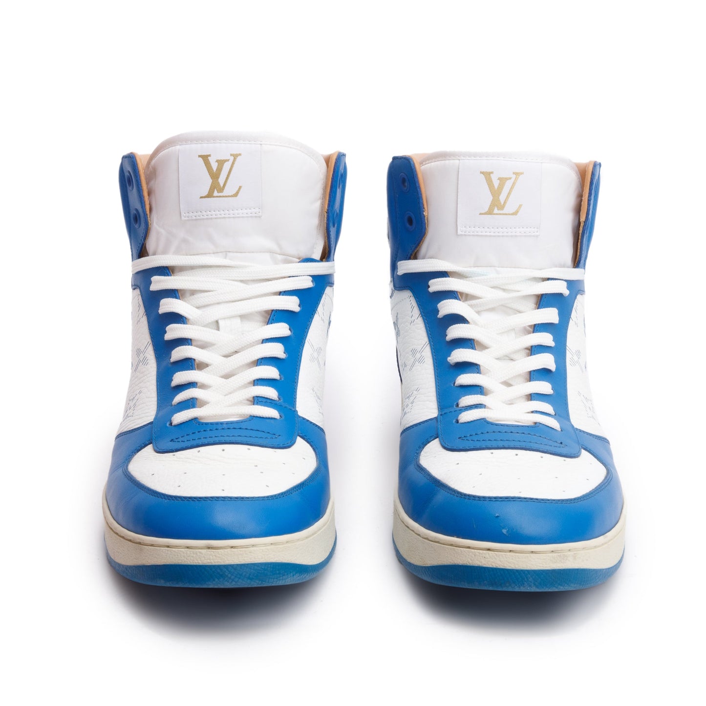 Louis Vuitton White/Blue Monogram Leather Rivoli High-Top Sneakers, Size 8.5