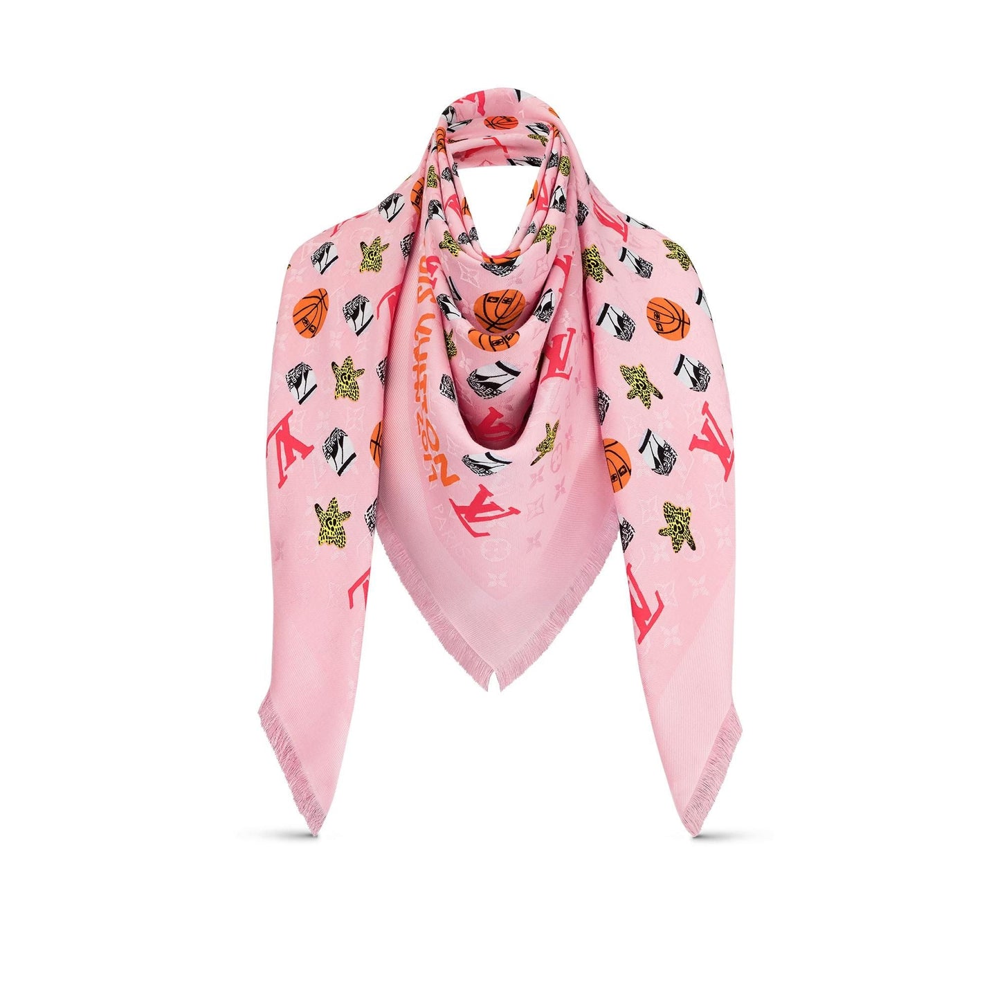 LOUIS VUITTON Jonas Wood Silk Wool Monogram Stole Pink