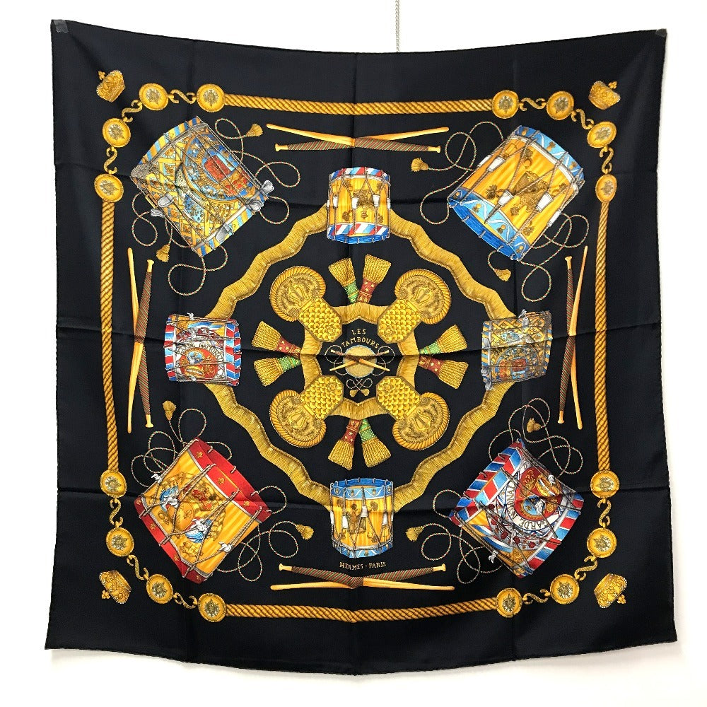 HERMES scarf silk black LES TAMBOURS Tambour drums Carre90