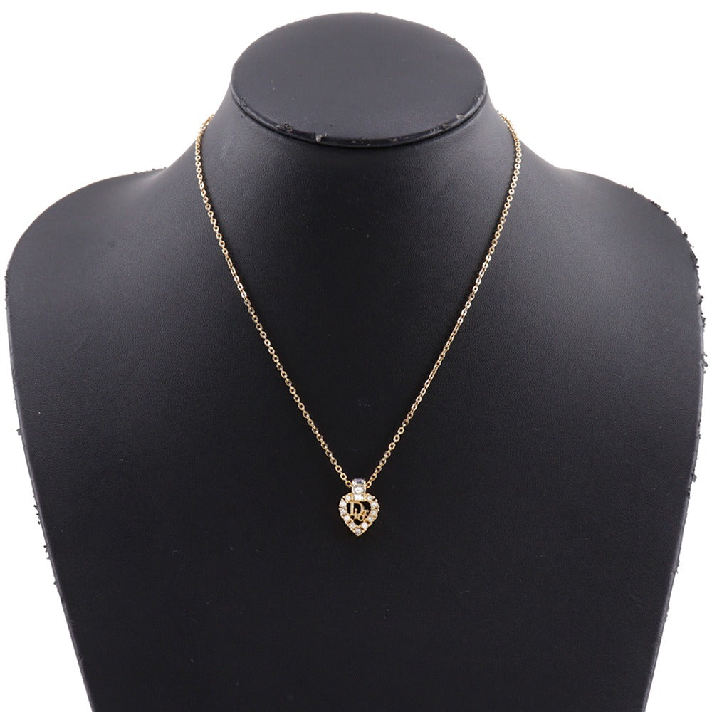 Christian Dior Necklace Plated Gold, Rhinestones gold Logo heart Women