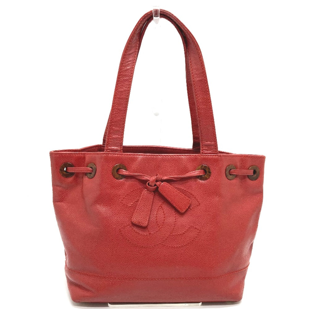 CHANEL Tote Bag Caviar skin Red CC COCO Mark Wood-like drawstring type Women