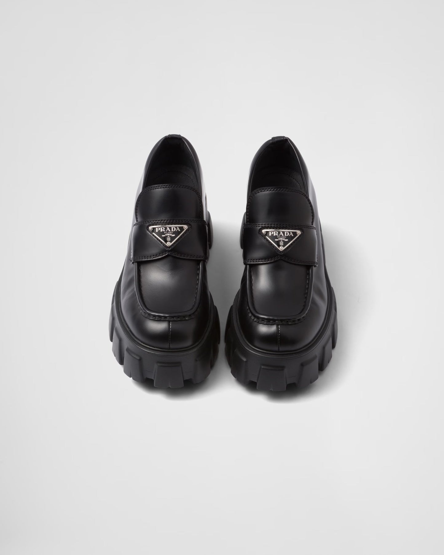 PRADA BRUSHED LEATHER MONOLITH LOAFERS