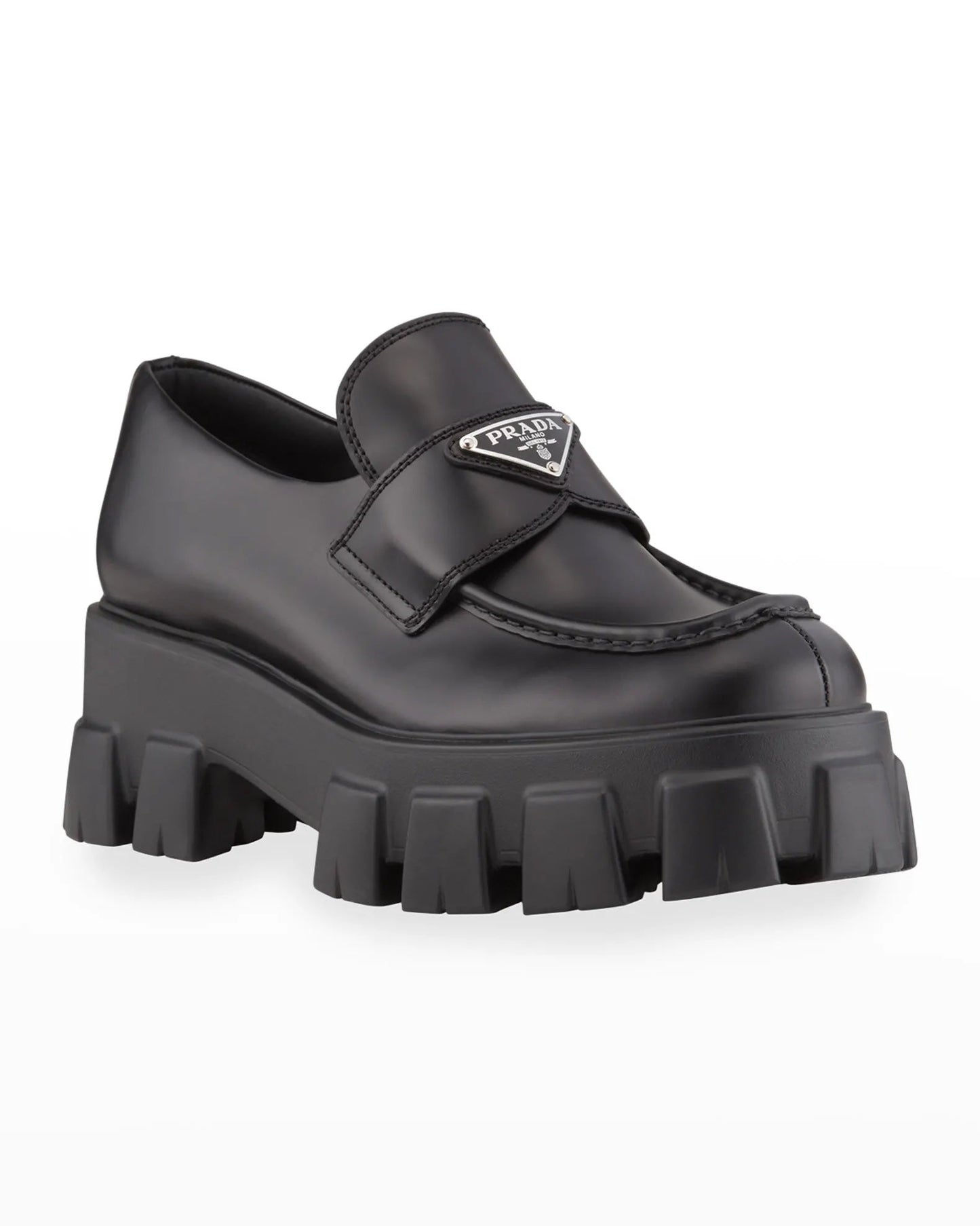 PRADA BRUSHED LEATHER MONOLITH LOAFERS