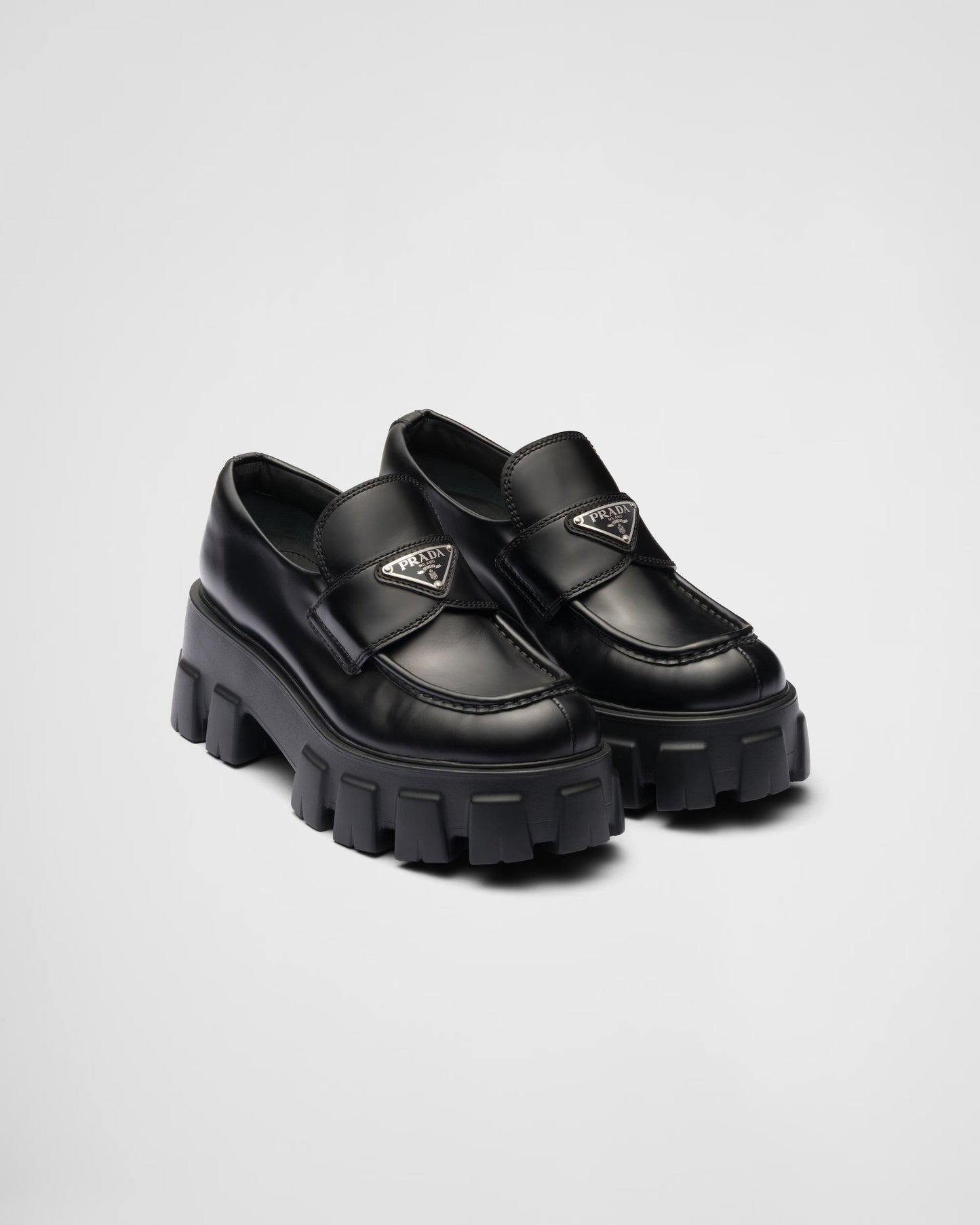 PRADA BRUSHED LEATHER MONOLITH LOAFERS