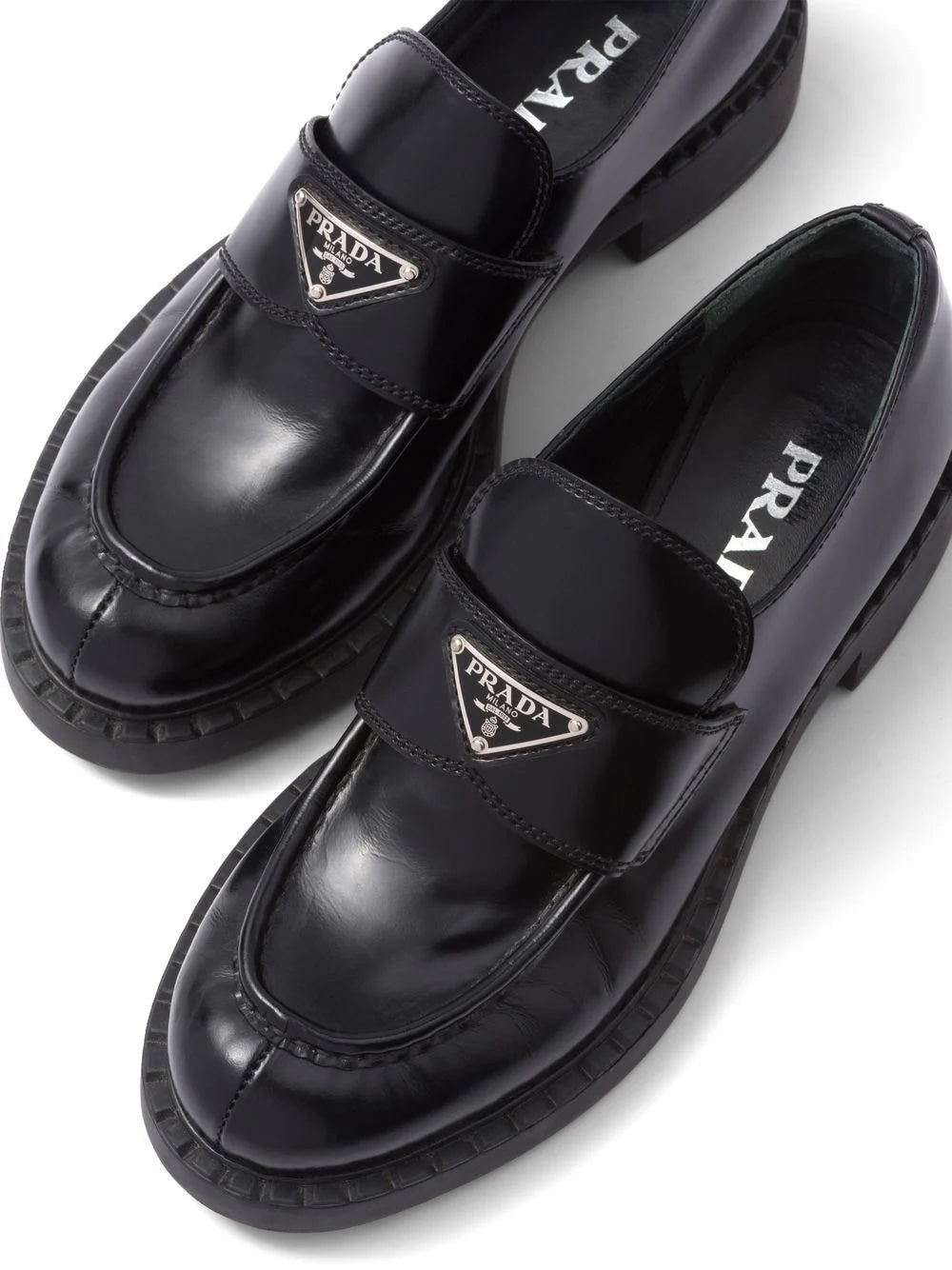 PRADA BRUSHED LEATHER TRIANGLE LOGO LOAFERS
