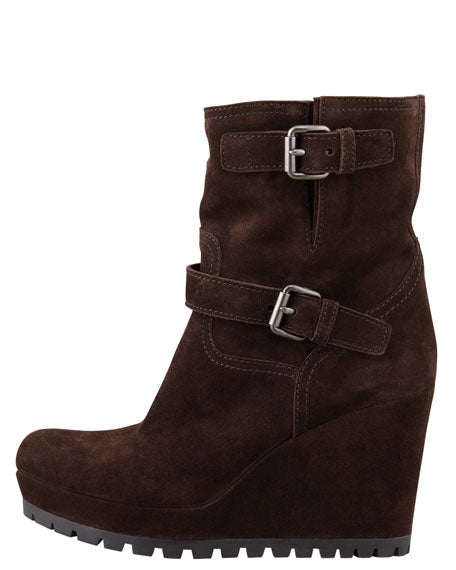 PRADA DOUBLE BUCKLE SUEDE WEDGE HEEL BOOTS