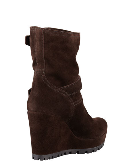 PRADA DOUBLE BUCKLE SUEDE WEDGE HEEL BOOTS
