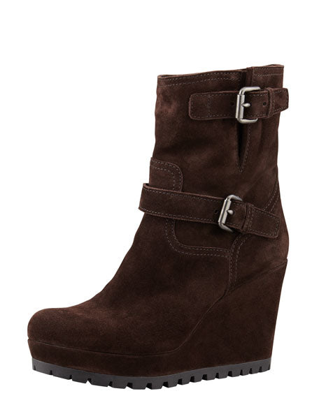 PRADA DOUBLE BUCKLE SUEDE WEDGE HEEL BOOTS