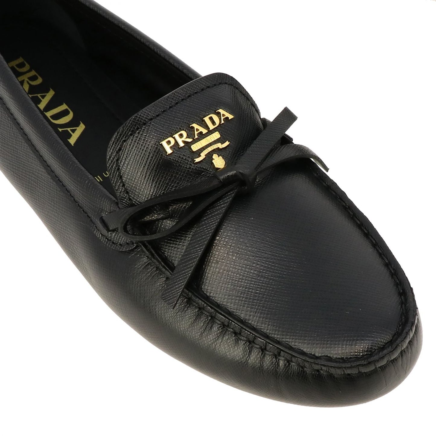 PRADA LEATHER LOGO LOAFERS