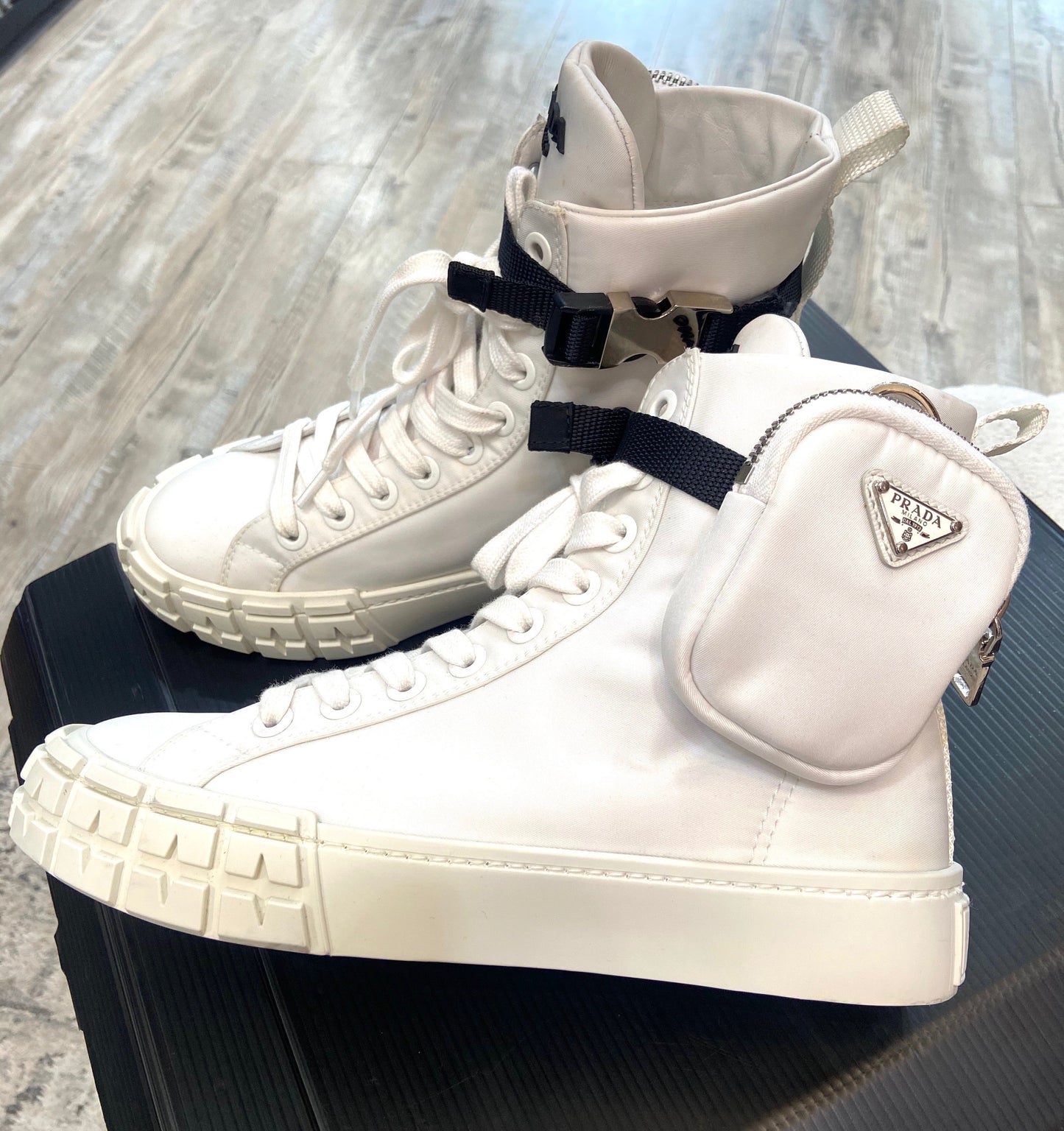 PRADA LOGO POUCH POCKET HIGH-TOP SNEAKERS