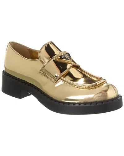 PRADA METALLIC BRUSHED CALFSKIN LEATHER TRIANGLE LOGO LOAFERS