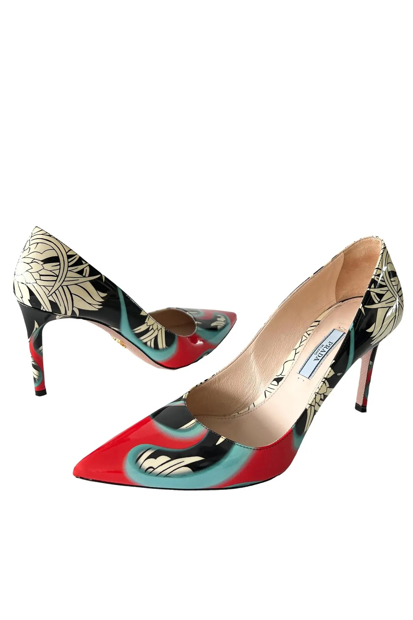 PRADA MULTICOLOR FLORAL PRINT PATENT LEATHER PUMPS