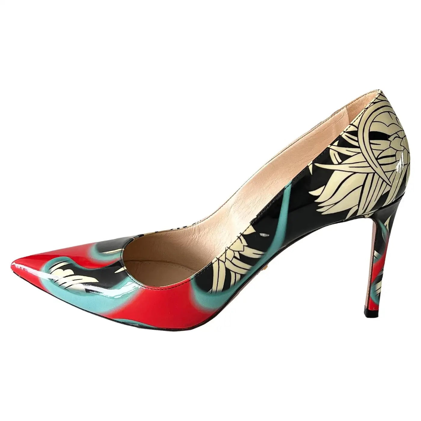 PRADA MULTICOLOR FLORAL PRINT PATENT LEATHER PUMPS