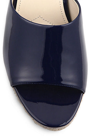PRADA PATENT LEATHER WEDGE HEEL ESPADRILLE MULES