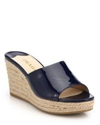 PRADA PATENT LEATHER WEDGE HEEL ESPADRILLE MULES