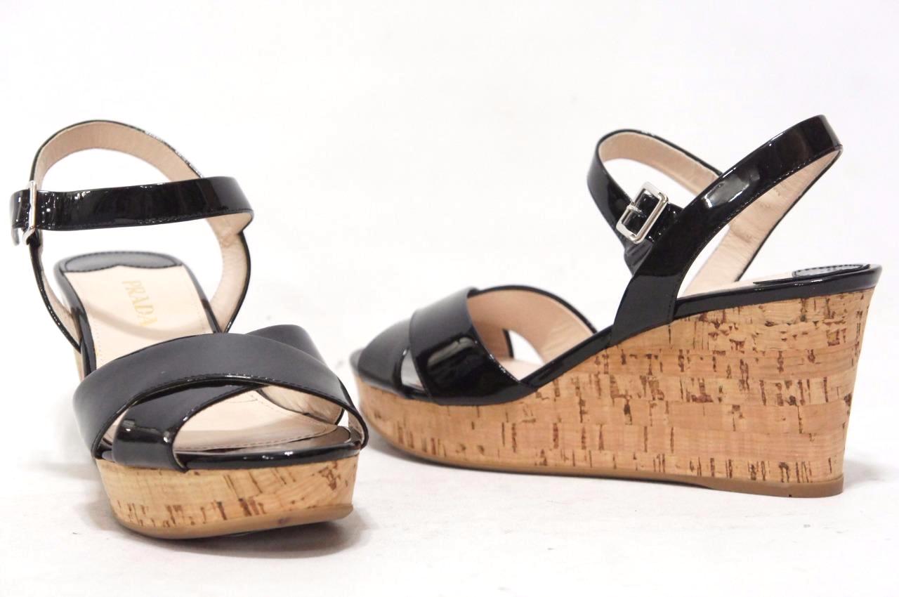 PRADA VERNICE CORK WEDGE HEEL PATENT SANDALS