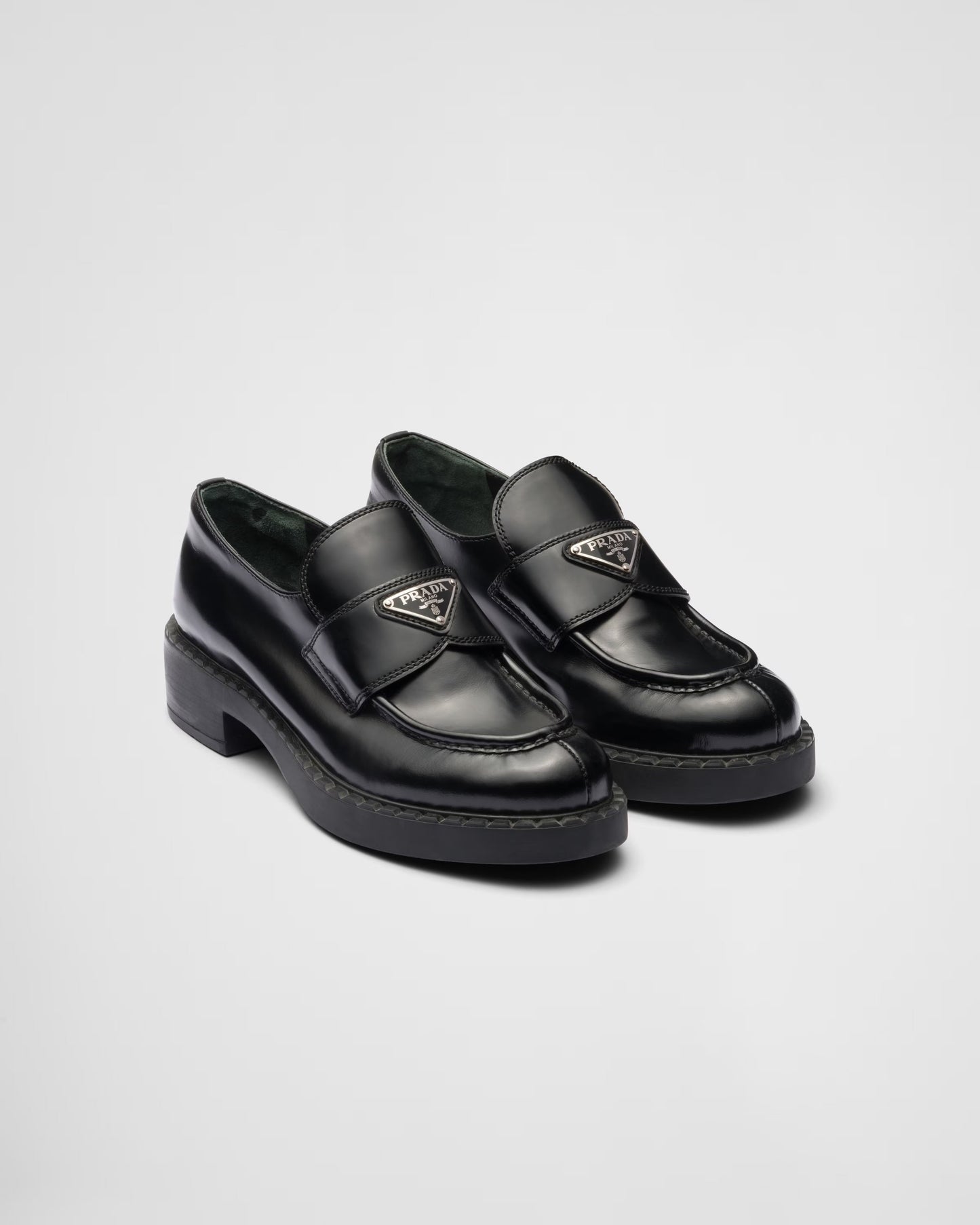 PRADA BRUSHED LEATHER TRIANGLE LOGO LOAFERS