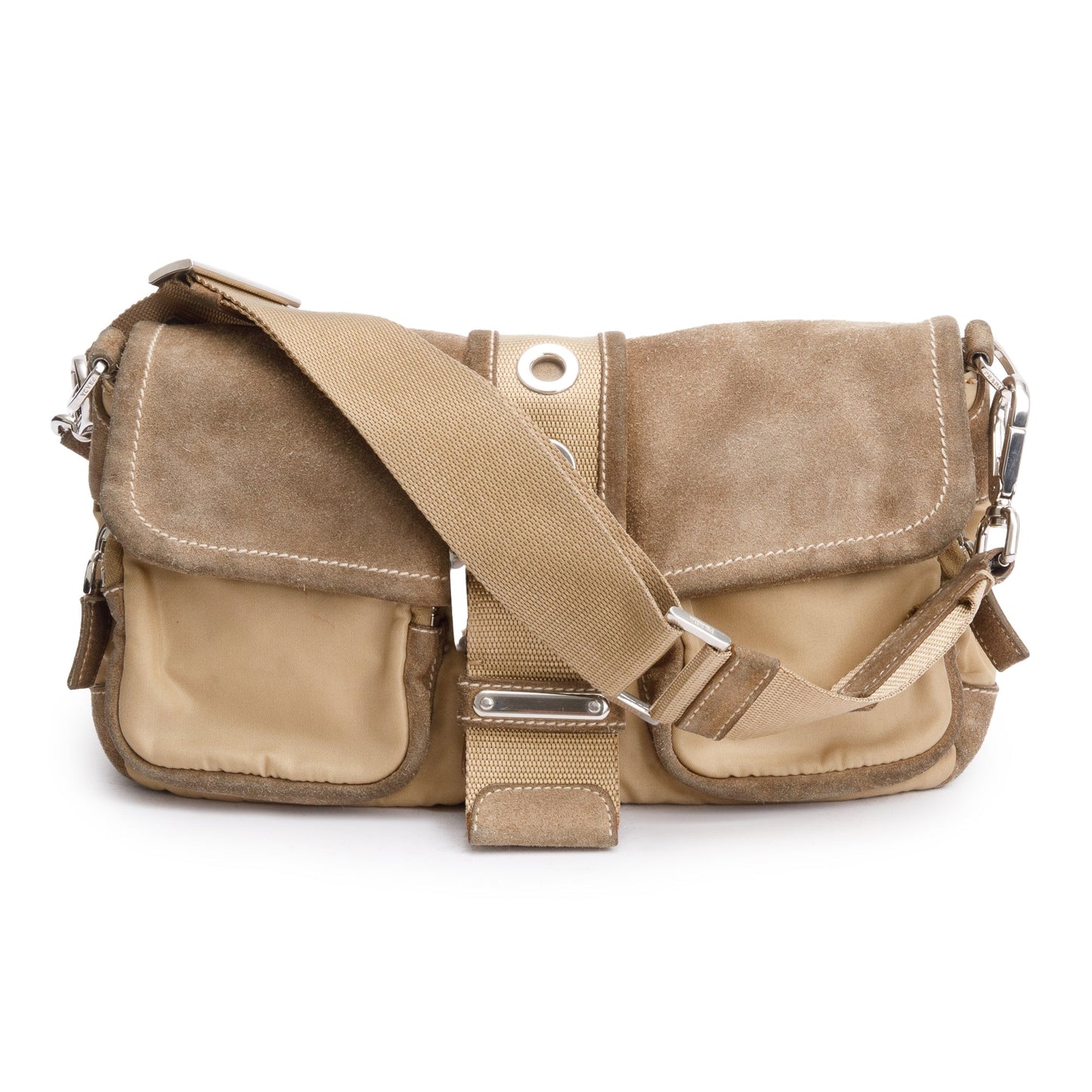 Prada Beige Suede Trim Nylon Buckle Flap Bag