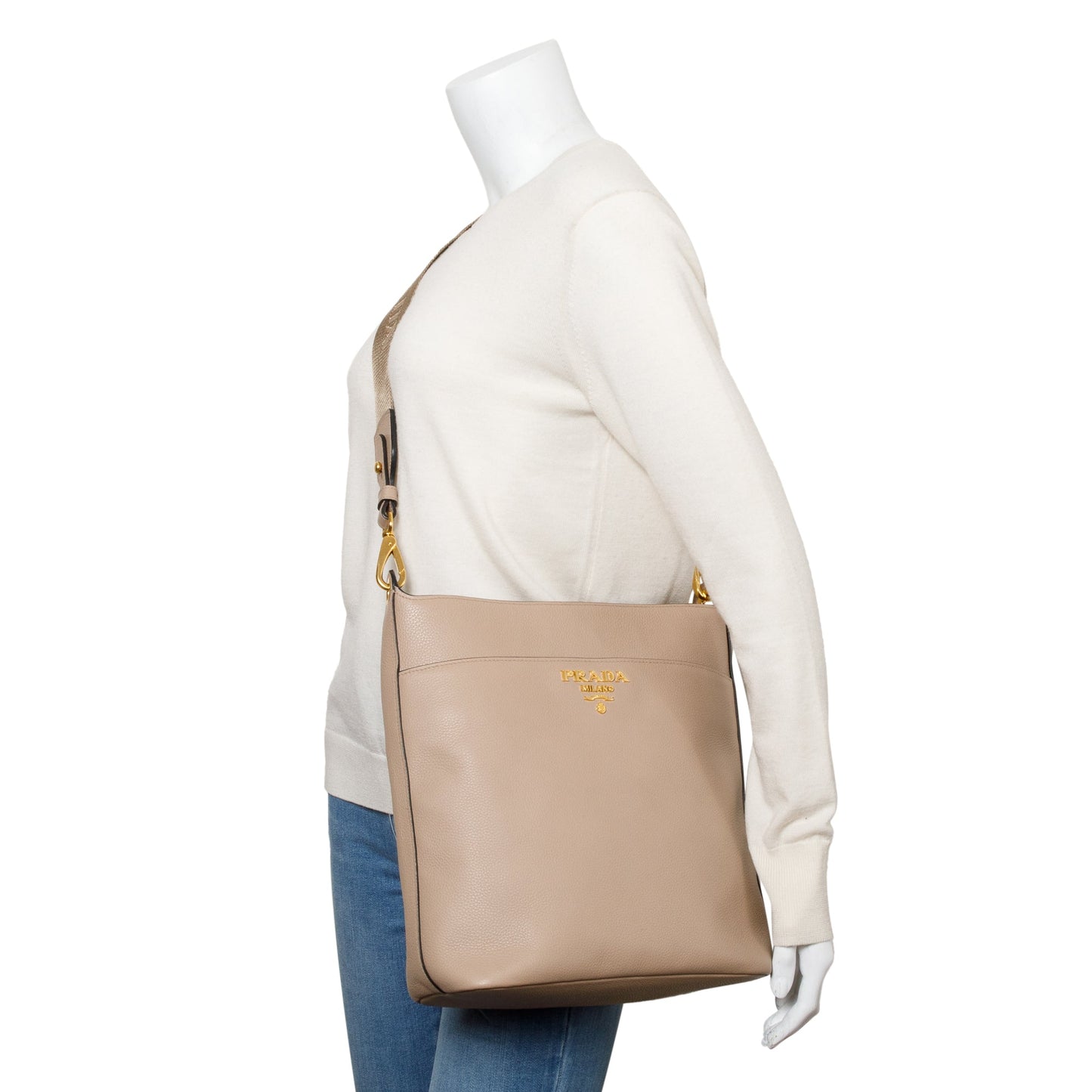 Prada Beige Vitello Daino Hobo Messenger Bag