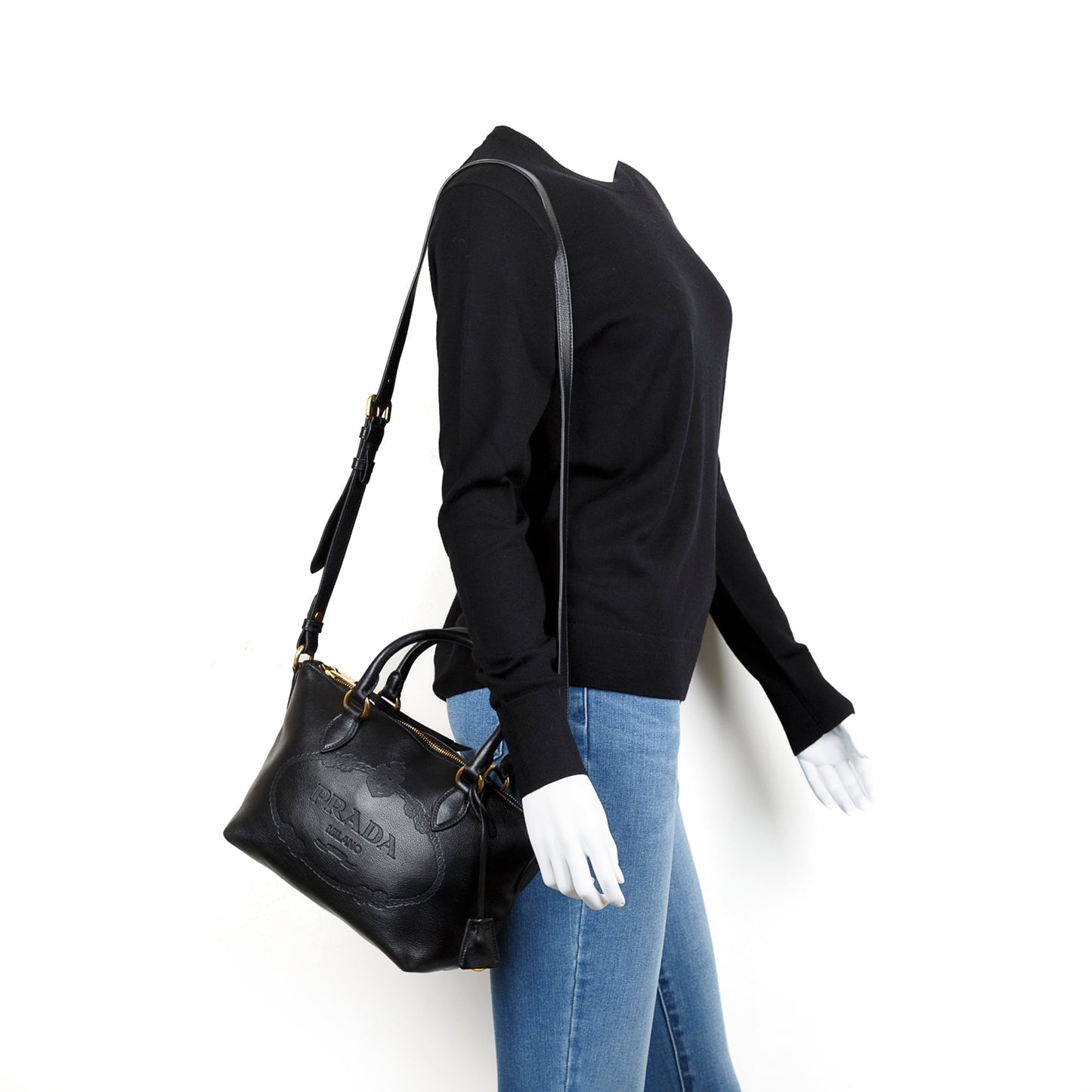 Prada Black Glace Calf Embossed Logo Tote