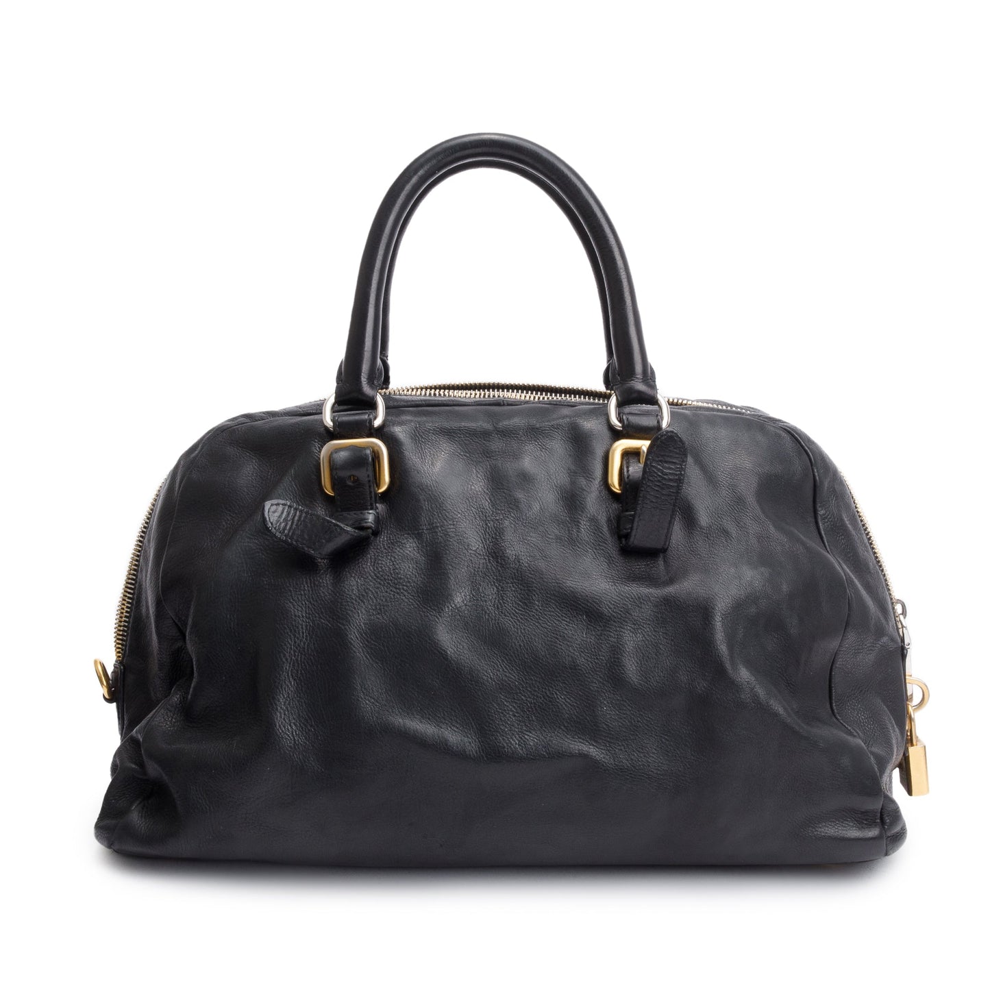 Prada Black Glace Zipper Bowler Bag