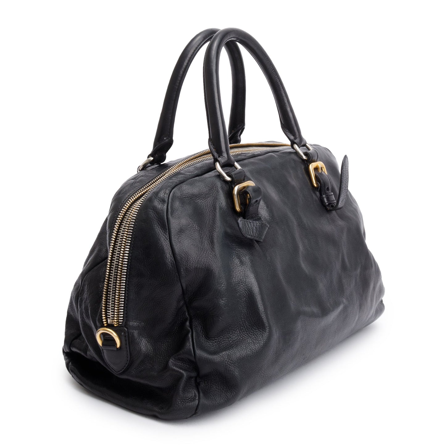 Prada Black Glace Zipper Bowler Bag