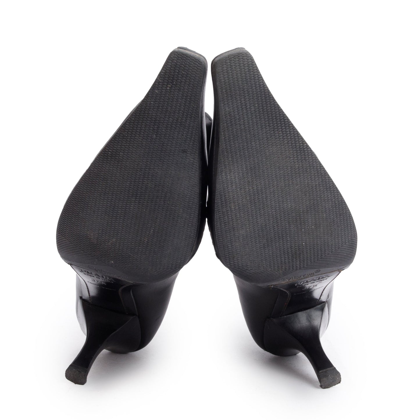 Prada Black Leather Buckle Accent Pointed Toe Ankle Boots, Size 37.5