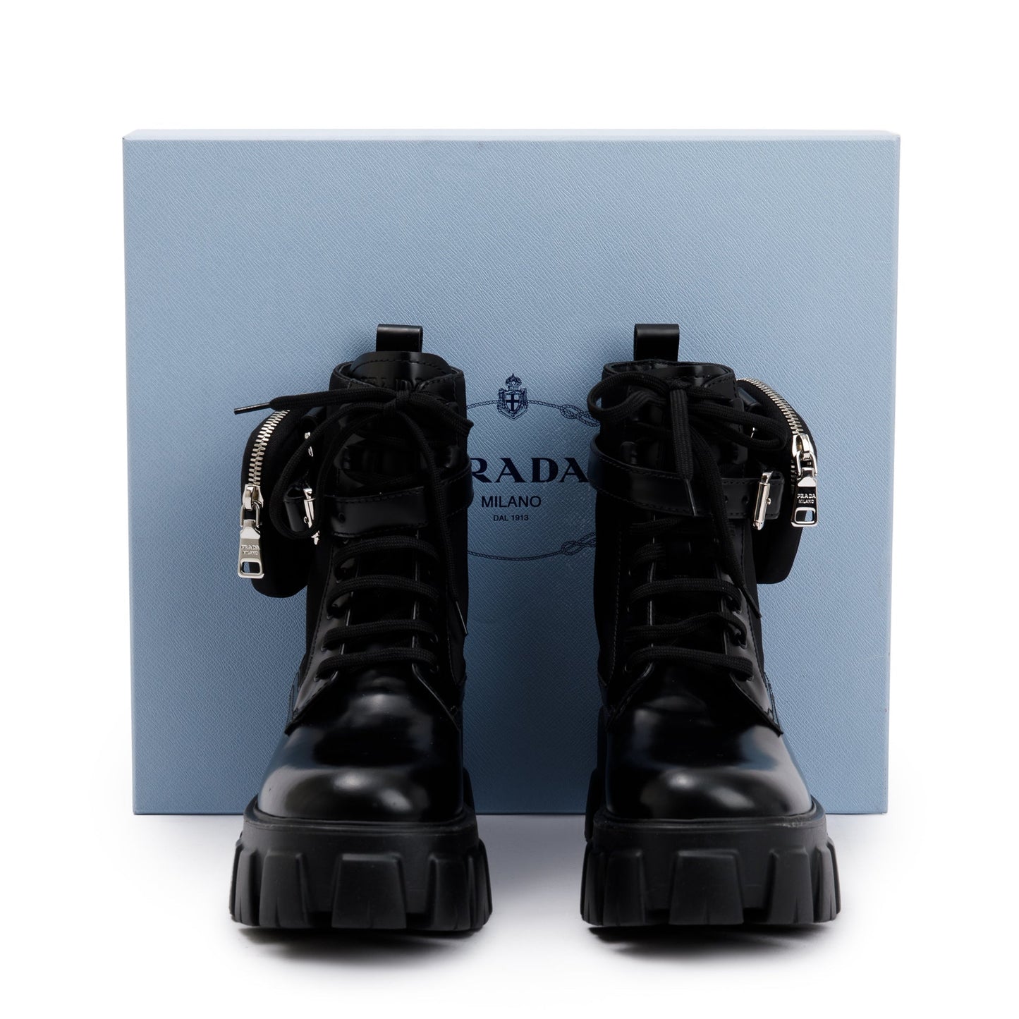 Prada Black Monolith Leather and Re-Nylon Boots with Pouch, Size 38
