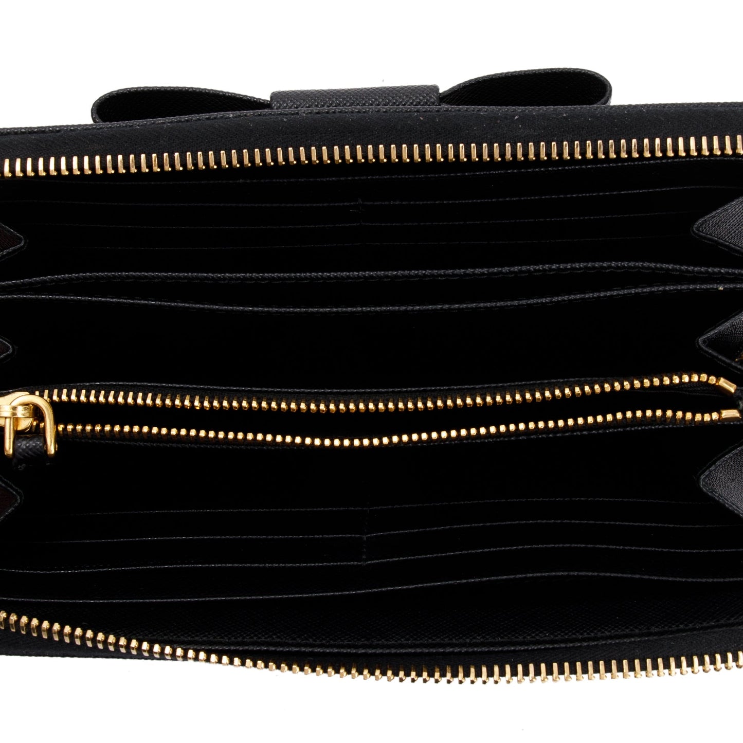 Prada Black Saffiano Leather Bow Zip Around Wallet
