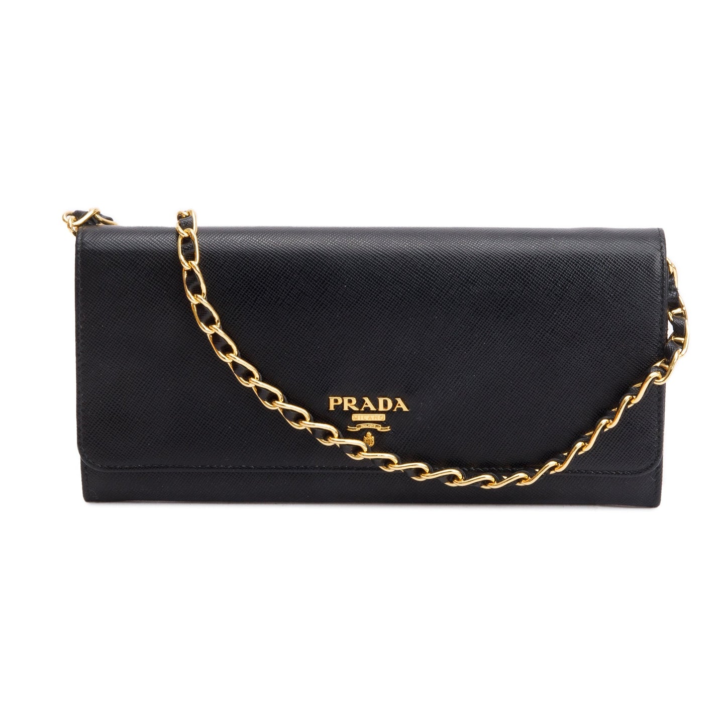 Prada Black Saffiano Metal Continental Wallet on Chain
