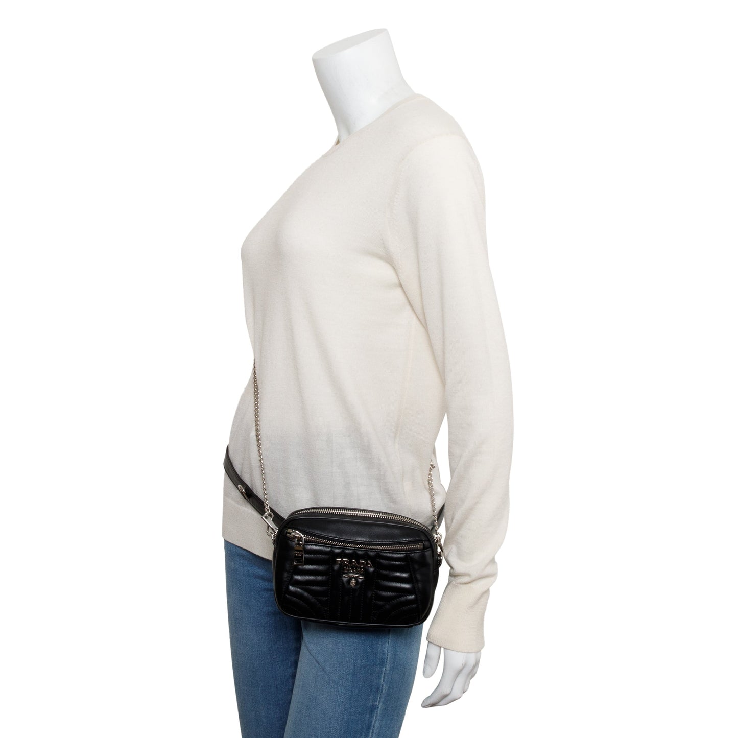 Prada Black Soft Calf Impuntu Logo Diagramme Camera Belt Bag