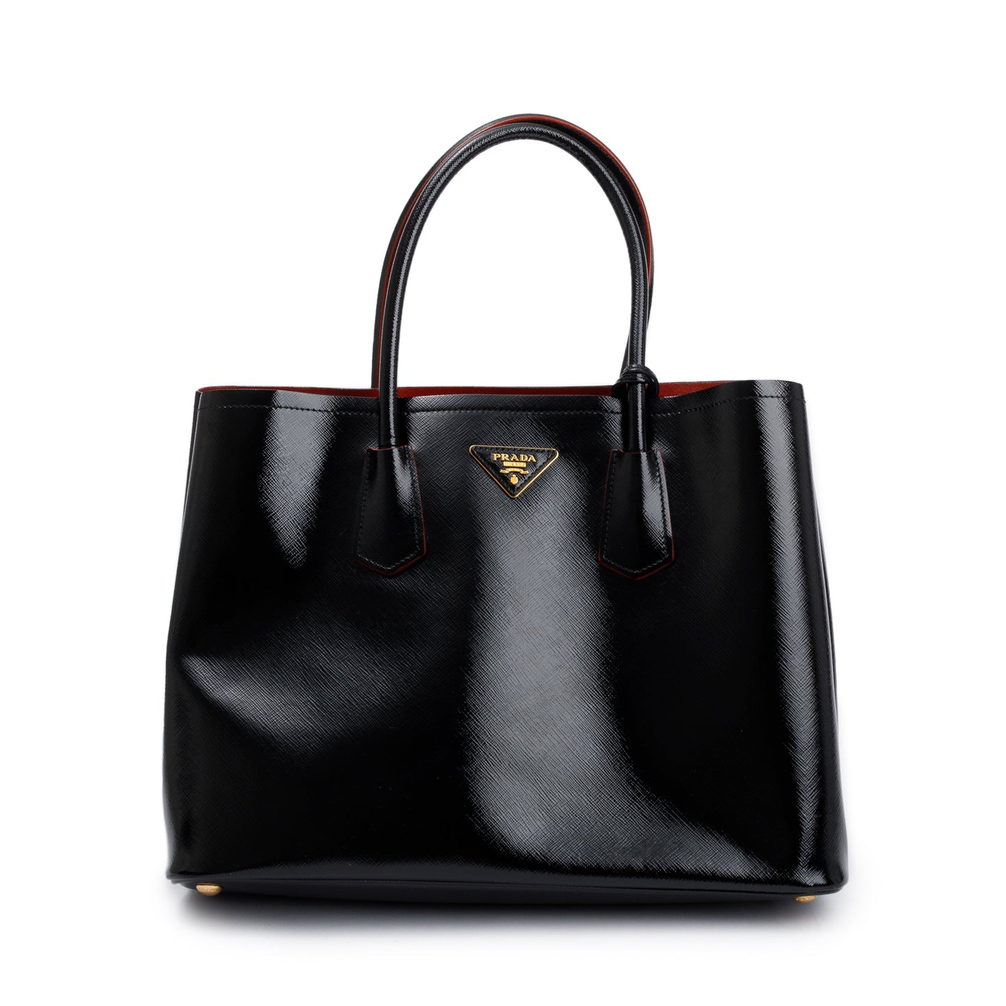 Prada Black/Red Saffiano Vernice Shiny Medium Cuir Double Tote