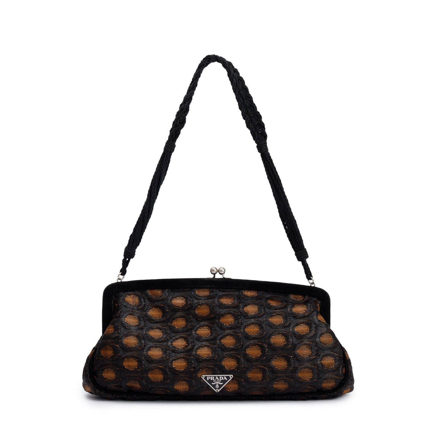 Prada Brown/ Beige Embroidered Satin Black Velvet Raso Frame Bag
