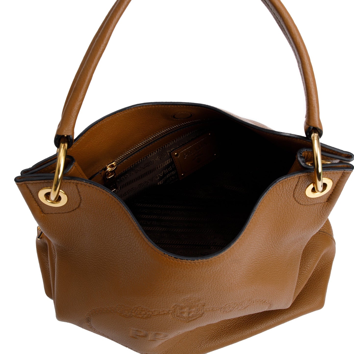 Prada Brown Vitello Daino Medium Logo Hobo Bag