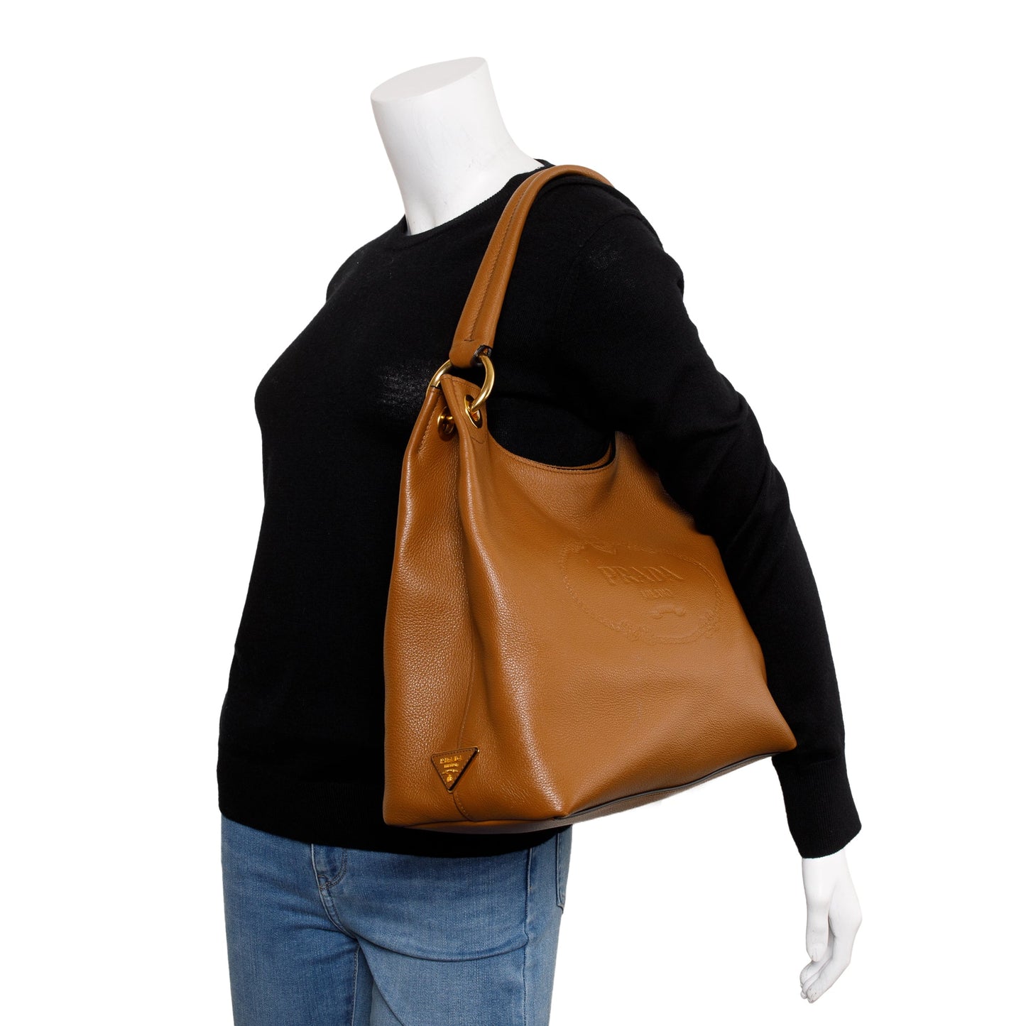 Prada Brown Vitello Daino Medium Logo Hobo Bag